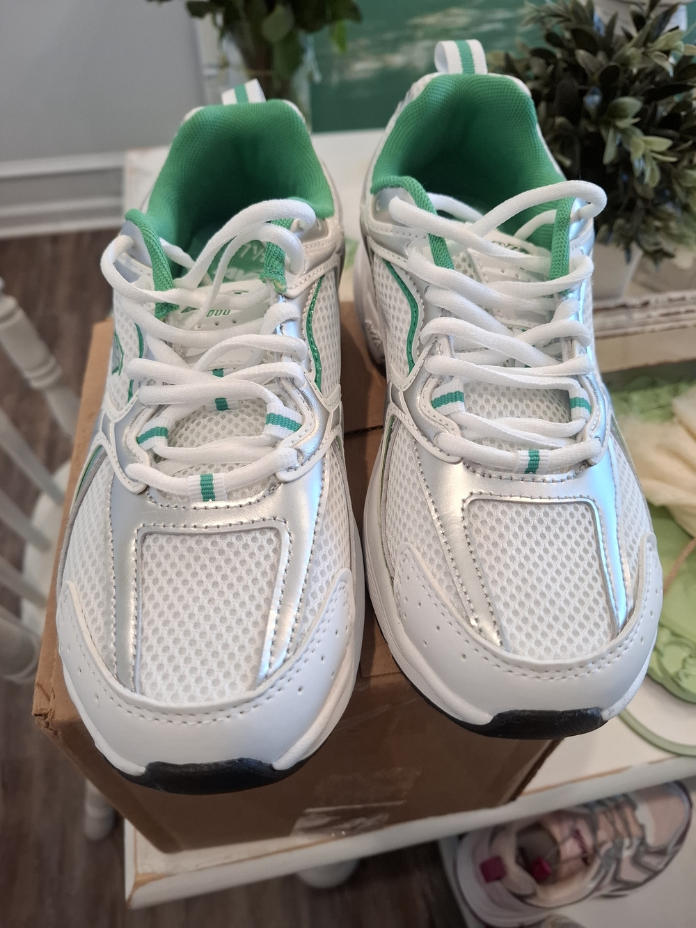 Kids White & Green Athletic Sneakers